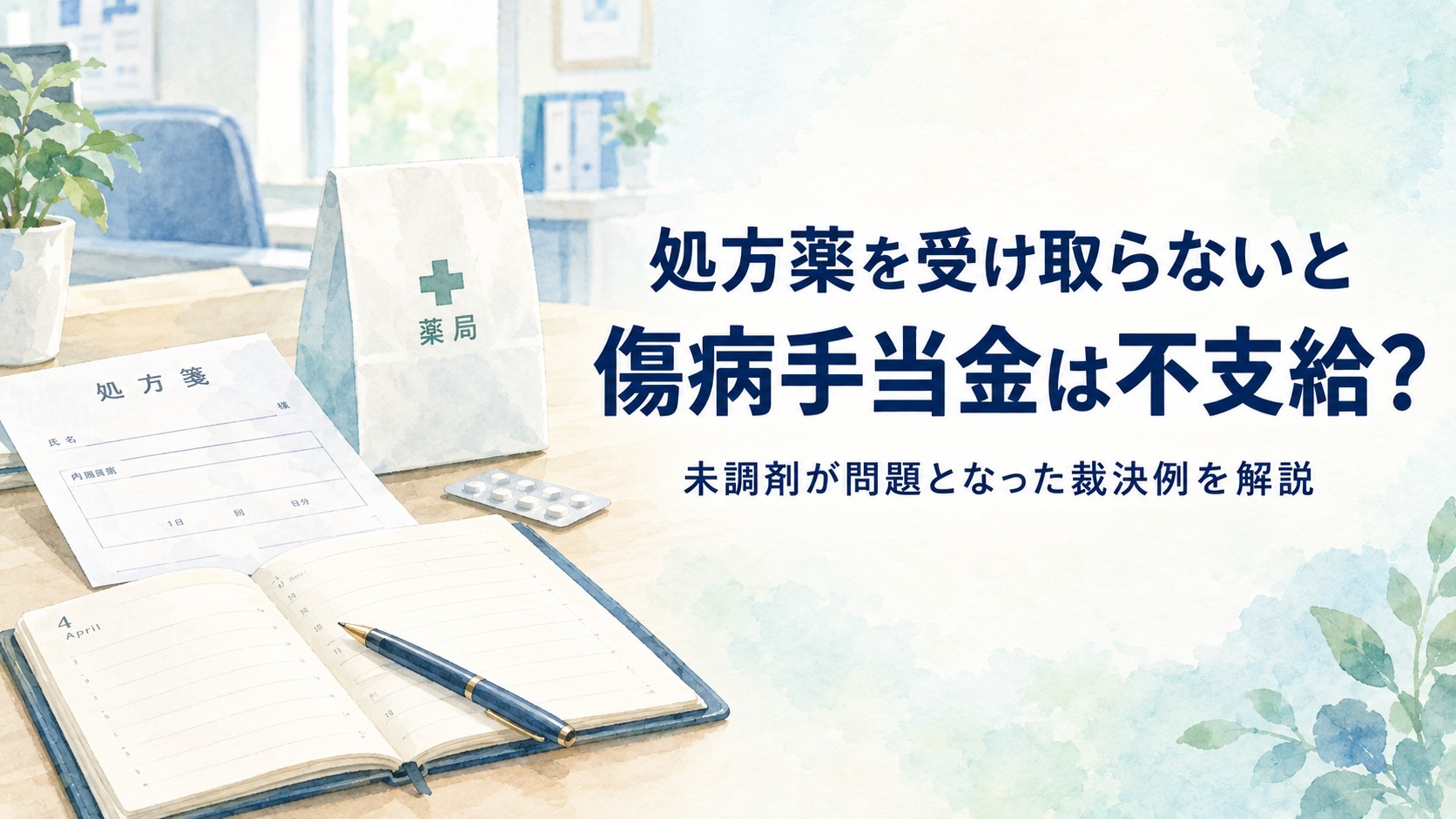 処方薬を受け取らなかった場合の傷病手当金の不支給と未調剤が問題となった裁決例を解説するイメージ
