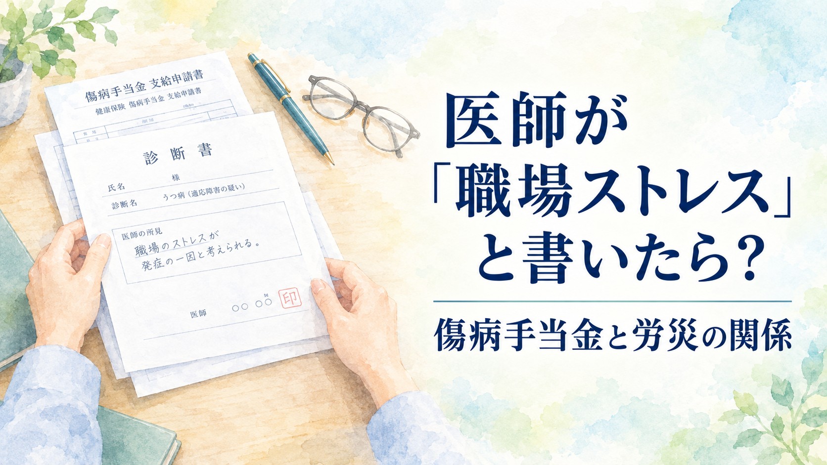 傷病手当金の申請書に医師が職場ストレスと記載した場合の労災との関係を解説するイメージ