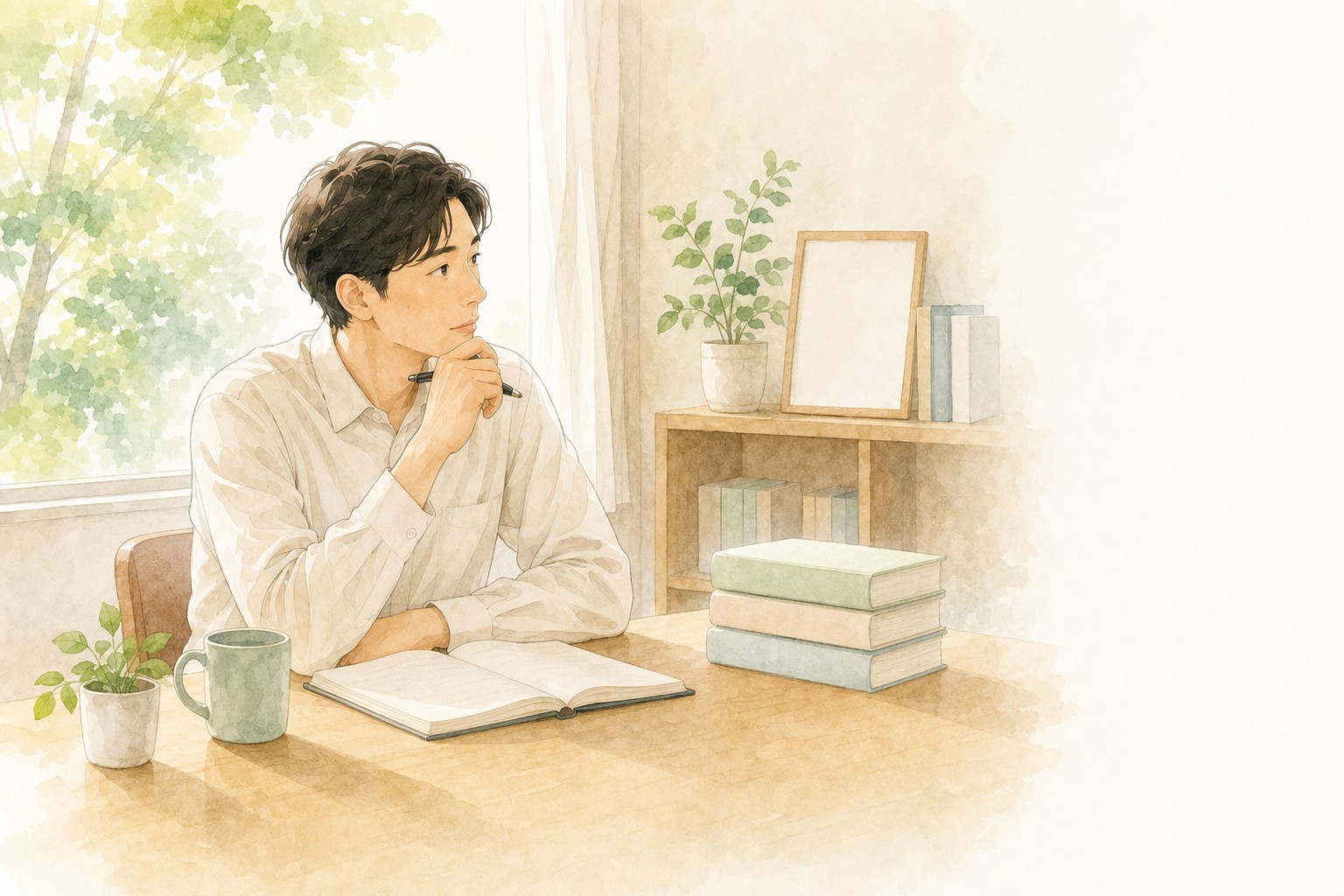 メンタル不調の労災や障害年金について、落ち着いて状況を整理する様子を描いた水彩イラスト