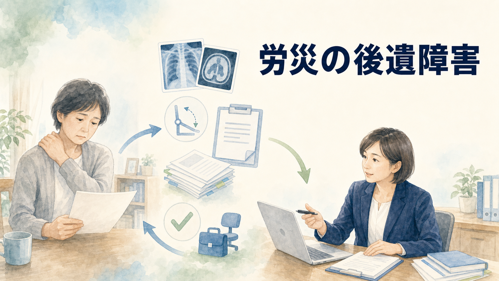 労災の後遺障害について、症状や医療資料を確認しながら障害補償給付の申請を検討するイメージ