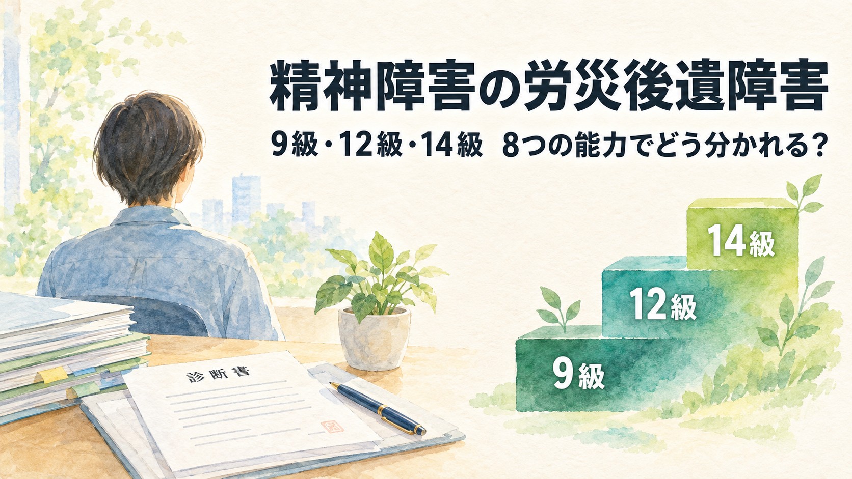 精神障害の労災後遺障害9級・12級・14級と8つの能力を解説するイメージ