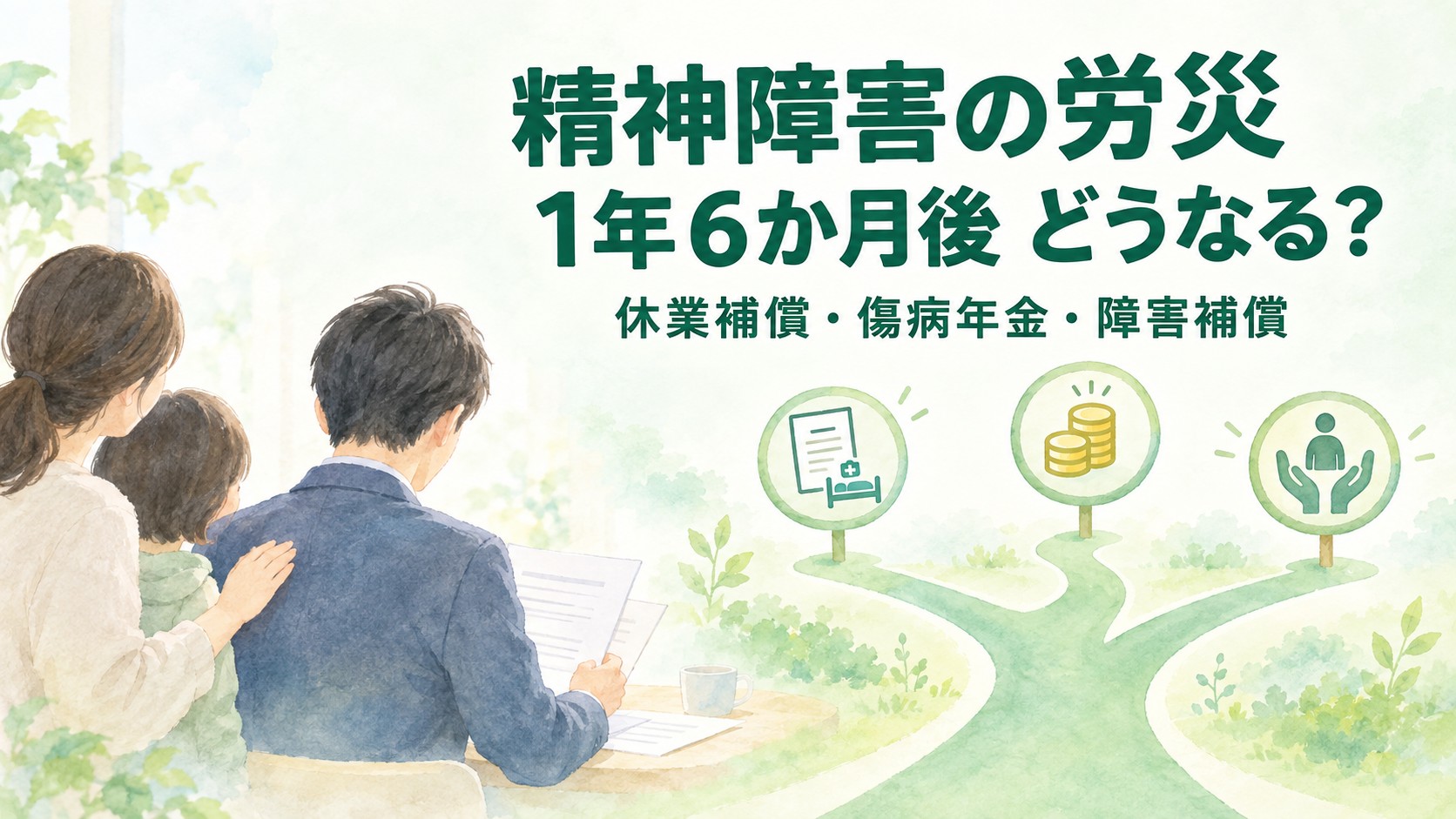 精神障害の労災で1年6か月後の休業補償・傷病補償年金・障害補償の分かれ道を示すイメージ