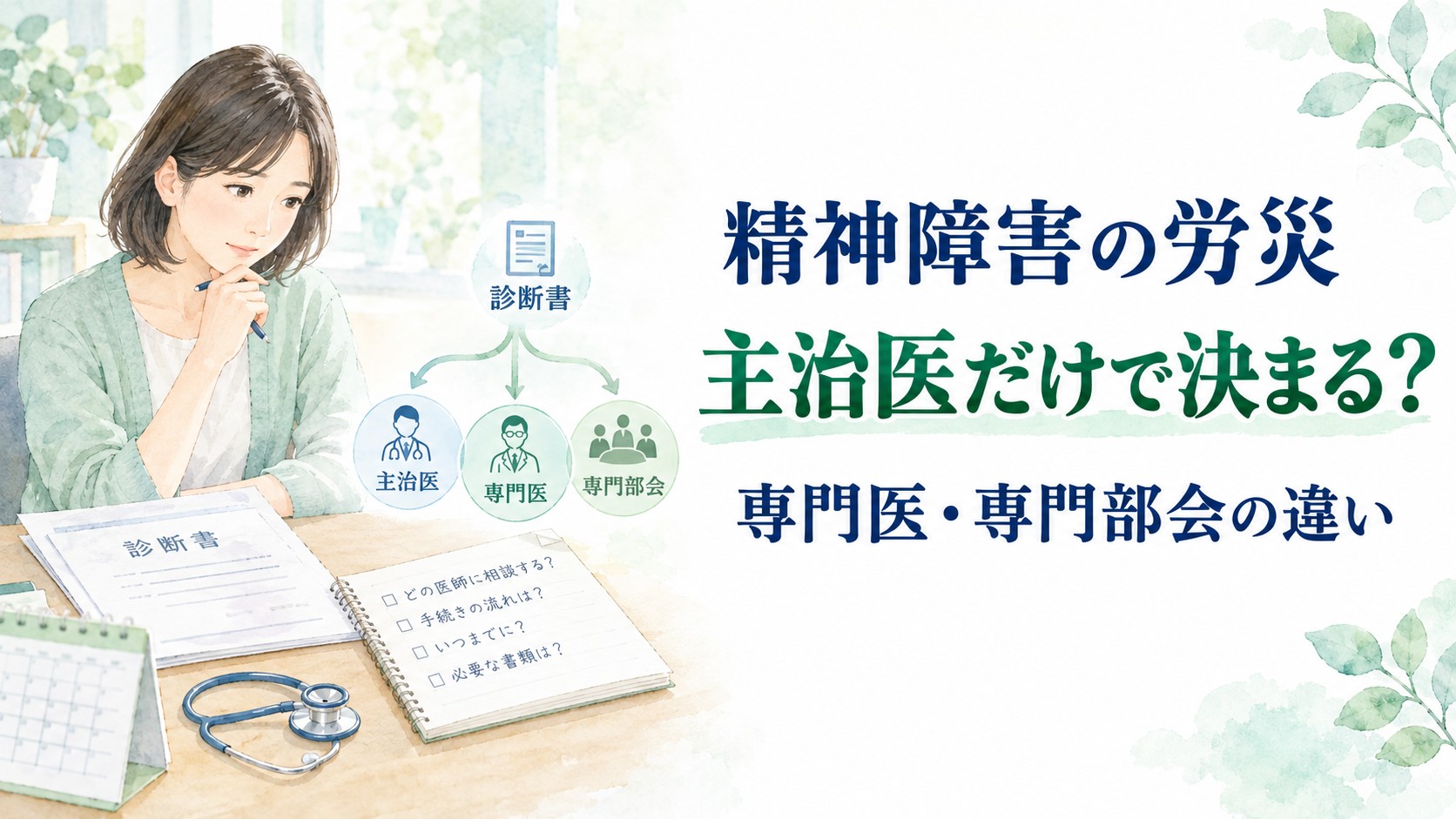 精神障害の労災における主治医・専門医・専門部会の違いを示すイメージ