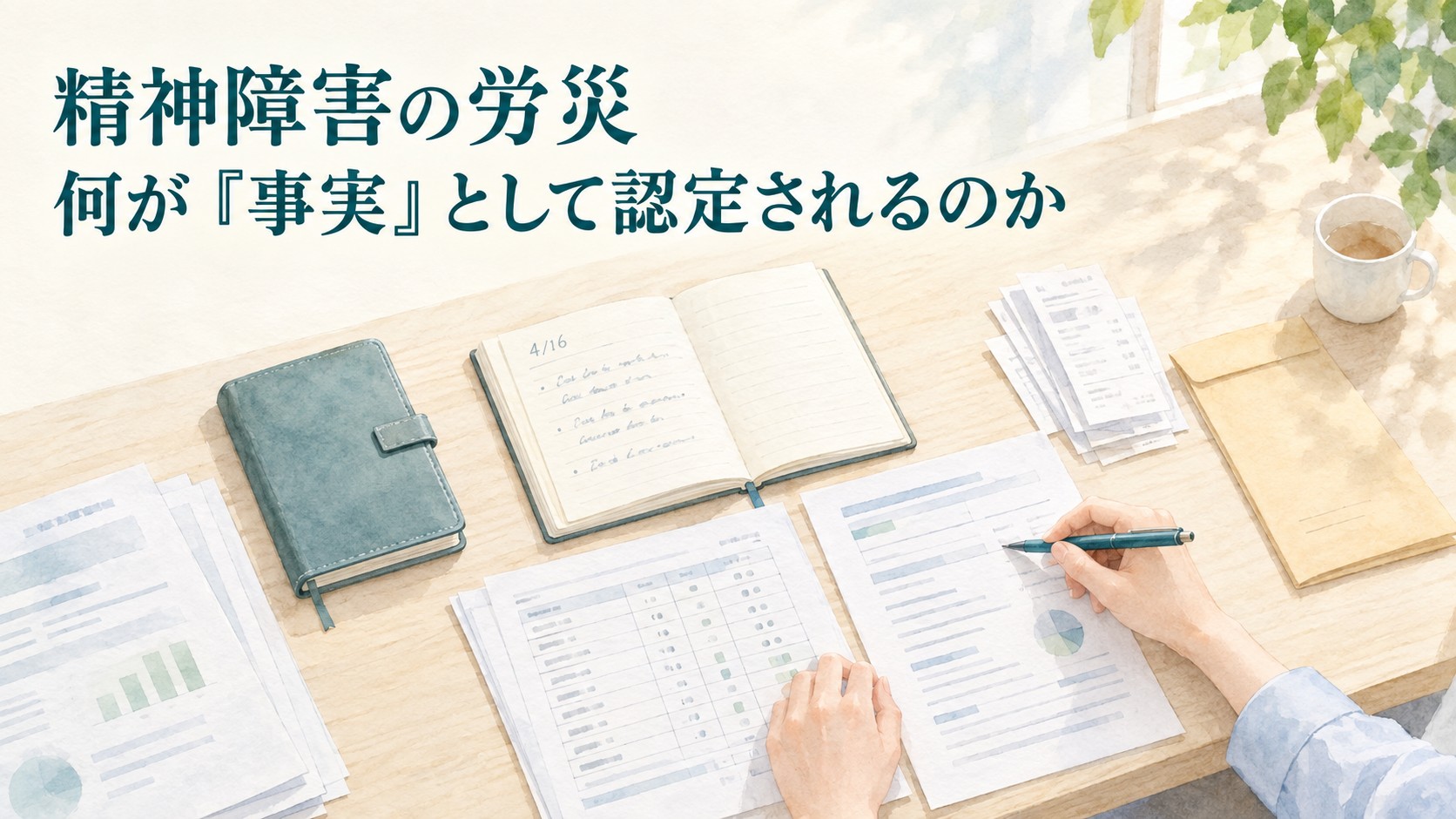 精神障害の労災でノートや会社資料などの証拠を照合し事実認定を検討するイメージ
