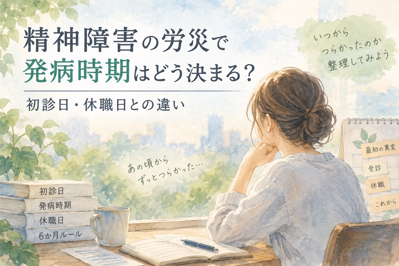 精神障害の労災における発病時期と初診日・休職日の違いを解説する水彩イラスト