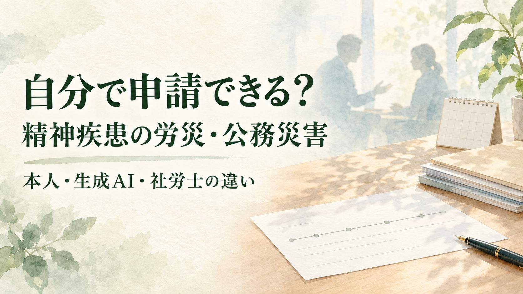 精神疾患の労災・公務災害は自分で申請できるのか、本人・生成AI・社労士の違いを解説するイメージ