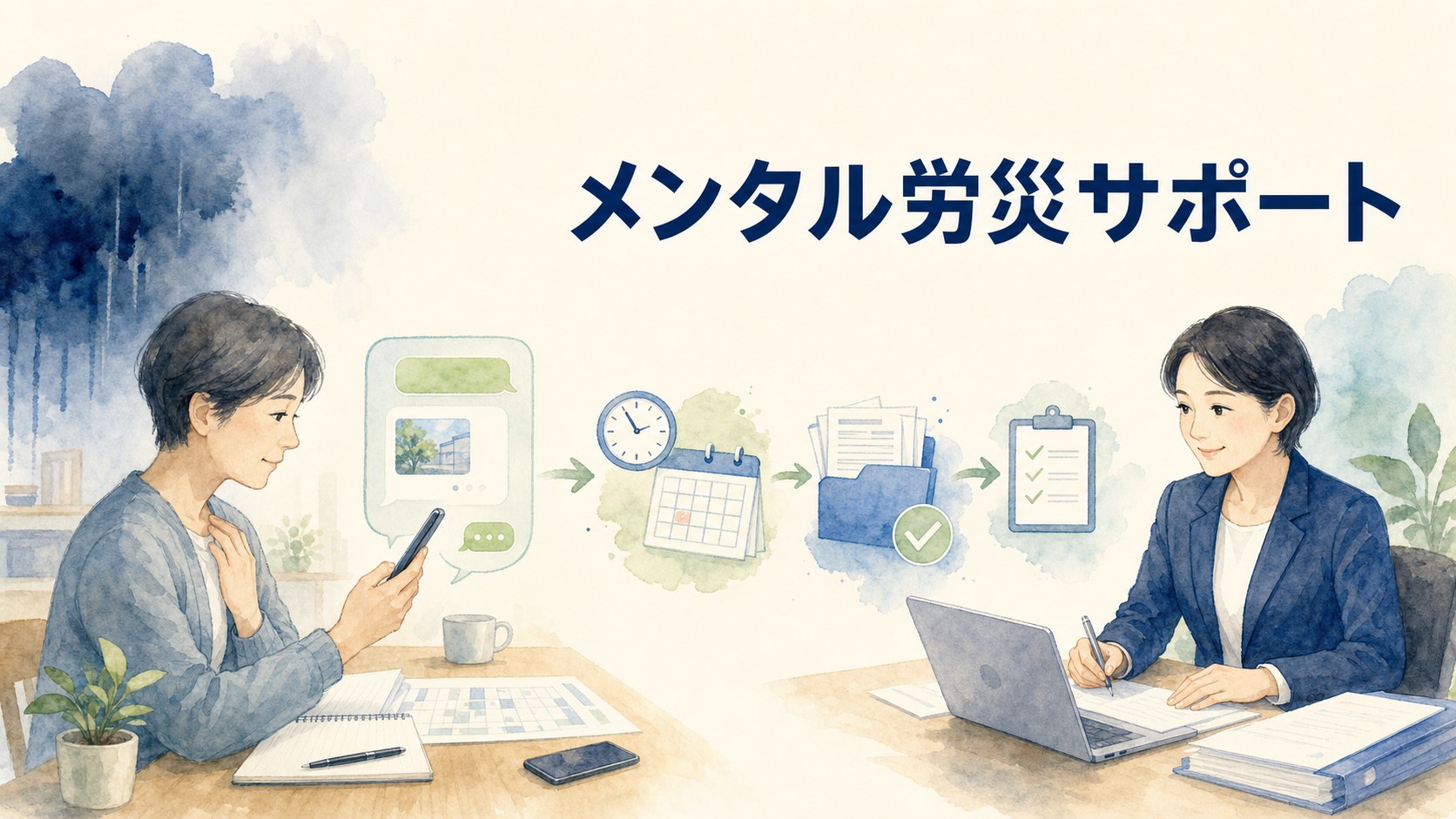 パワハラやメンタル不調で悩む方がLINEで社会保険労務士に相談し、労災申請に向けて状況整理を進めるイメージ