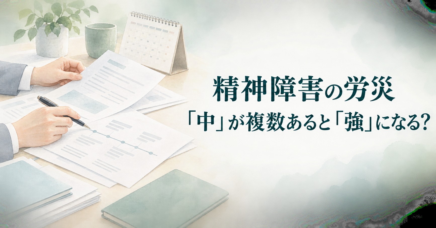 精神障害の労災で「中」の出来事が複数ある場合の総合評価を、2023年認定基準や裁決例をもとに解説する水彩画風イラスト
