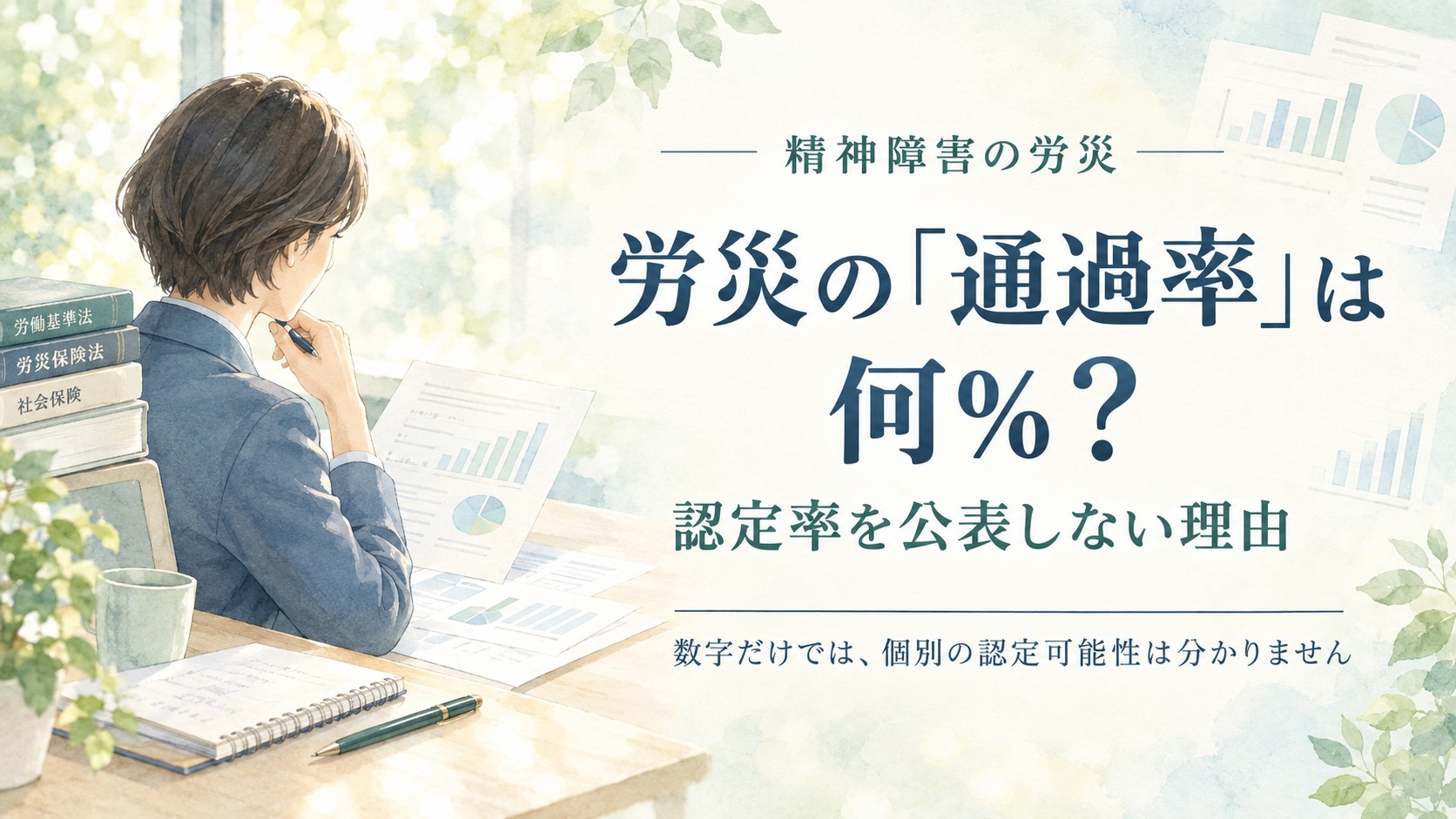 精神障害の労災の通過率と認定率を解説する水彩画風アイキャッチ