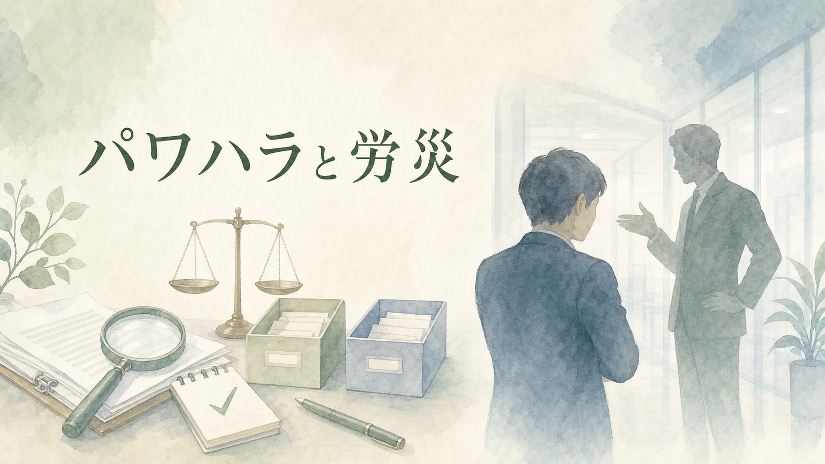 パワハラと精神障害の労災認定について、職場でのやり取りや証拠資料を確認するイメージ