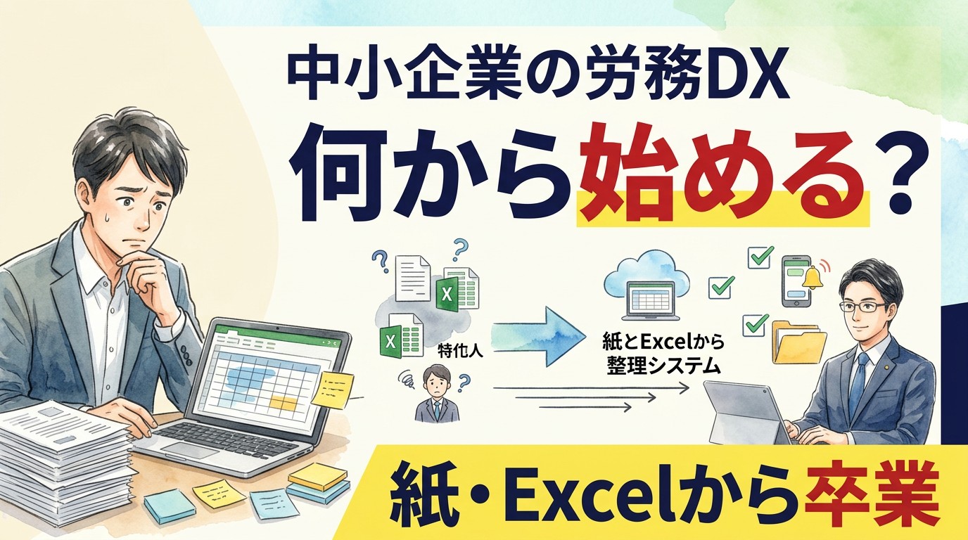 中小企業の労務DXは何から始めるか、紙・Excel中心の業務から整理された労務管理へ移行するイメージ