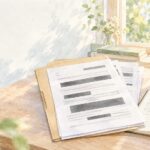 黒塗りのある労災資料とノートを、窓辺の机で落ち着いて整理する様子を描いた水彩画風イラスト