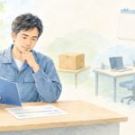 労災で軽作業なら働けると言われた労働者と事務作業のイメージを描いた水彩イラスト