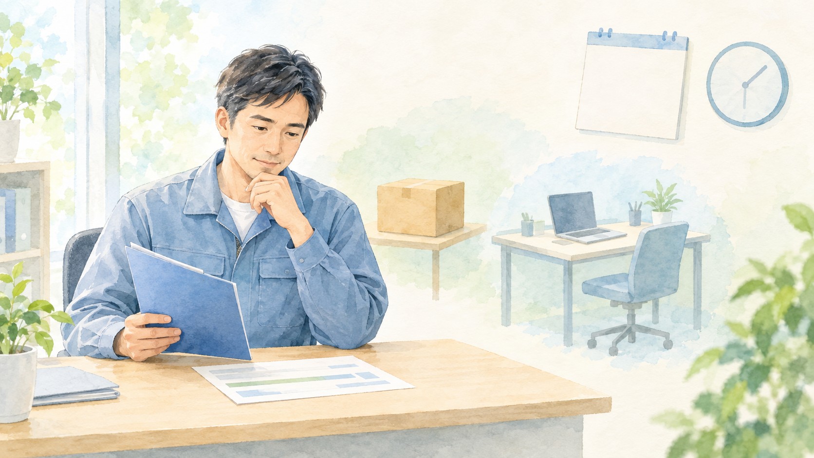 労災で軽作業なら働けると言われた労働者と事務作業のイメージを描いた水彩イラスト