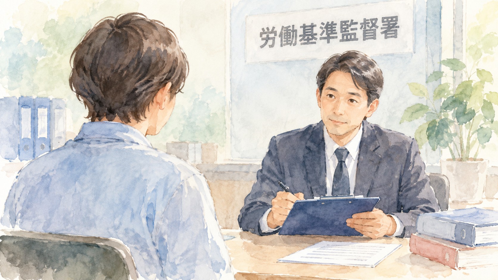 労災の後遺障害について労働基準監督署で面談・確認を受ける様子を描いた水彩画