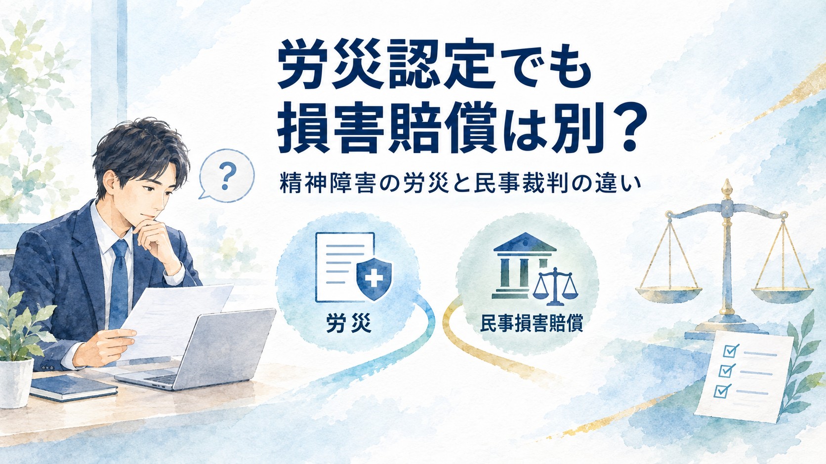 労災認定と会社への民事損害賠償の違いを示す水彩イラスト