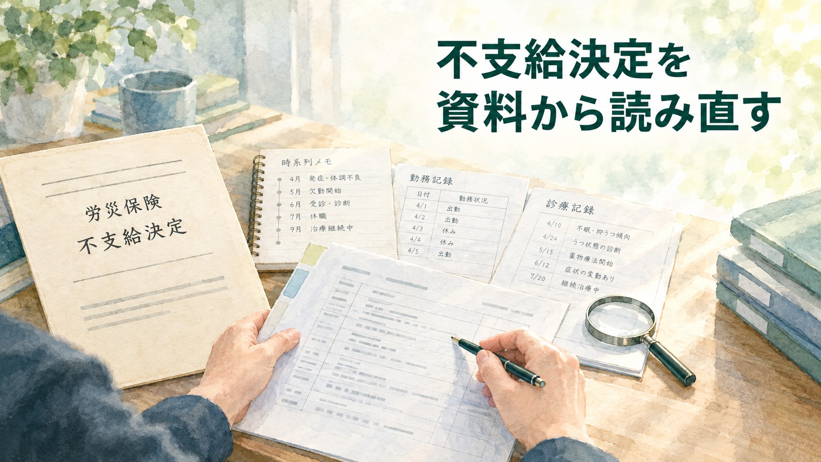 精神障害の労災不支給決定を勤務記録・診療記録・時系列資料から読み直すイメージ