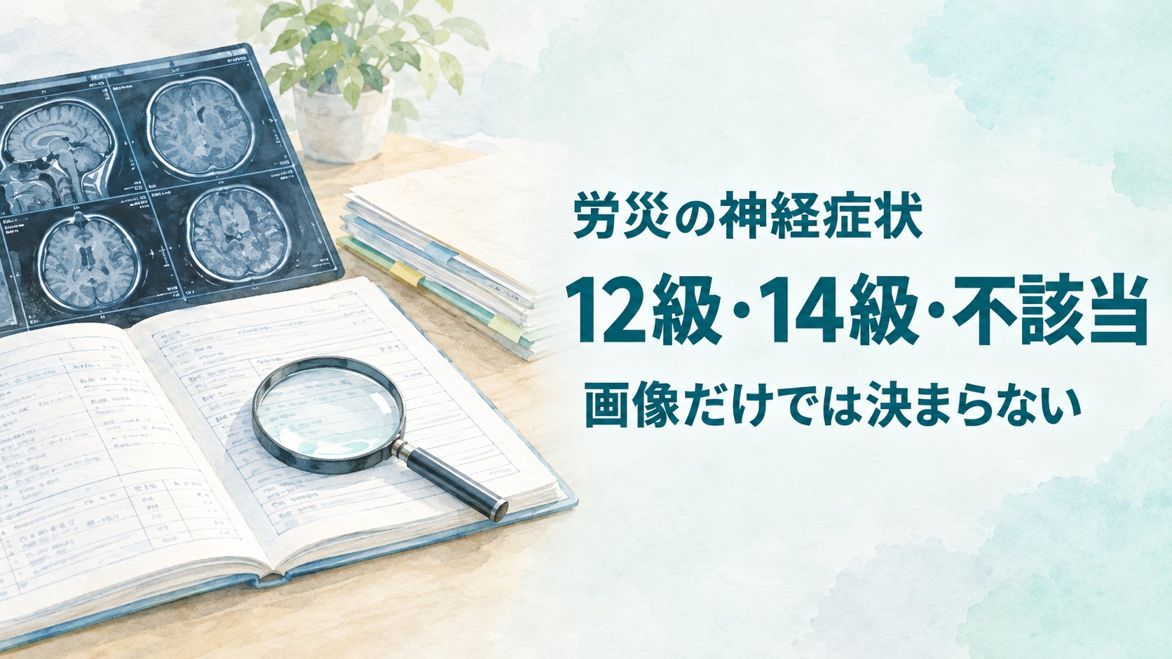 労災の神経症状における12級・14級・不該当の違いを、画像所見や診療記録から確認するイメージ