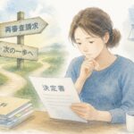 労災の審査請求が棄却され、決定書を確認しながら再審査請求を検討するイメージ