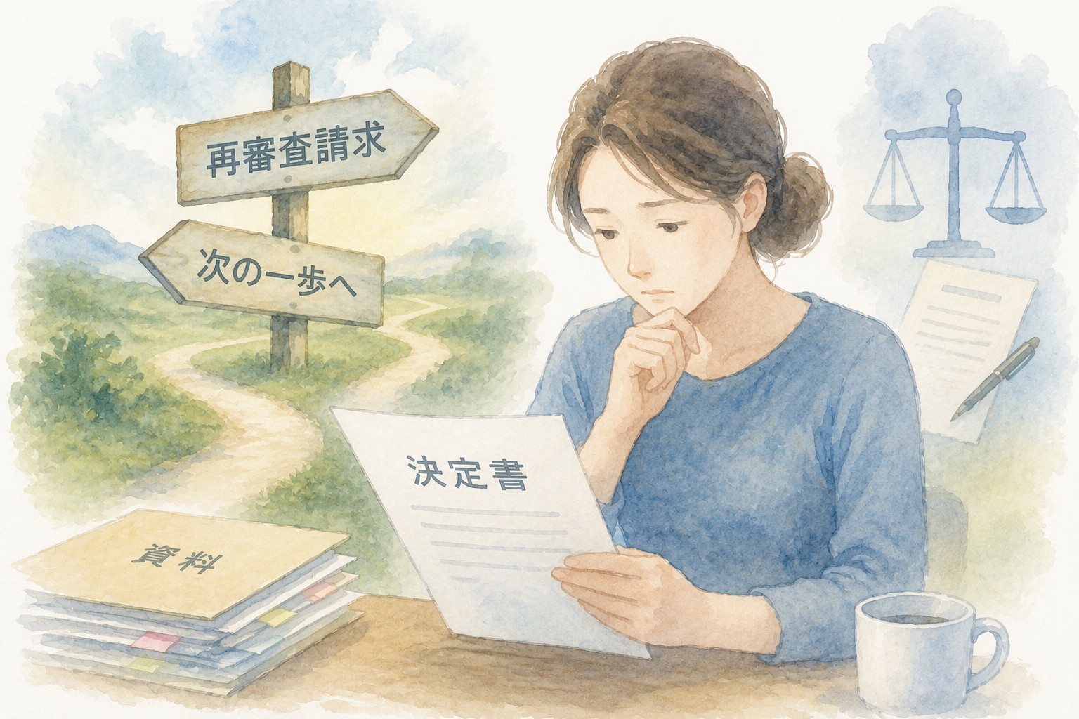 労災の審査請求が棄却され、決定書を確認しながら再審査請求を検討するイメージ