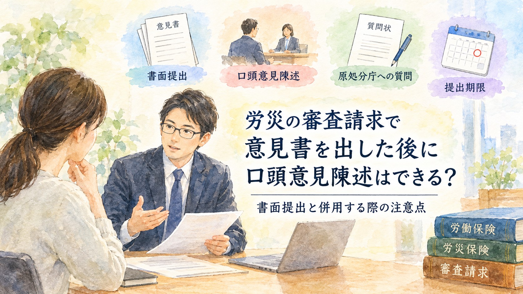 労災の審査請求で意見書提出後の口頭意見陳述と書面提出の併用を解説するイメージ