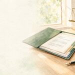 労災の審査請求で不支給理由や資料を確認するイメージ。書類、虫眼鏡、天秤を描いた水彩画