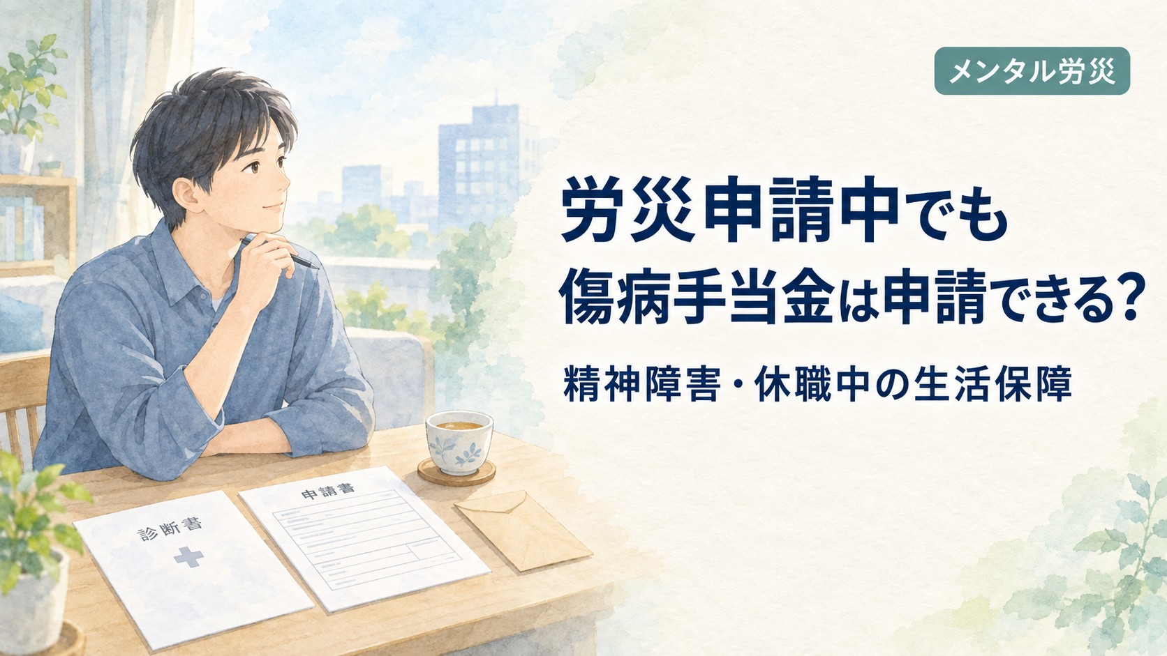 労災申請中の傷病手当金について確認する休職中の会社員の水彩イラスト