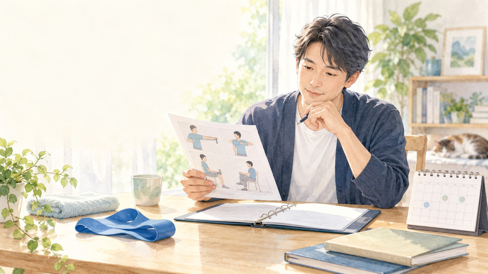 労災の症状固定後の治療やリハビリについて資料を確認する男性の水彩イラスト