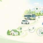 労災の通院交通費と自家用車・バス・遠方通院を表したイラスト