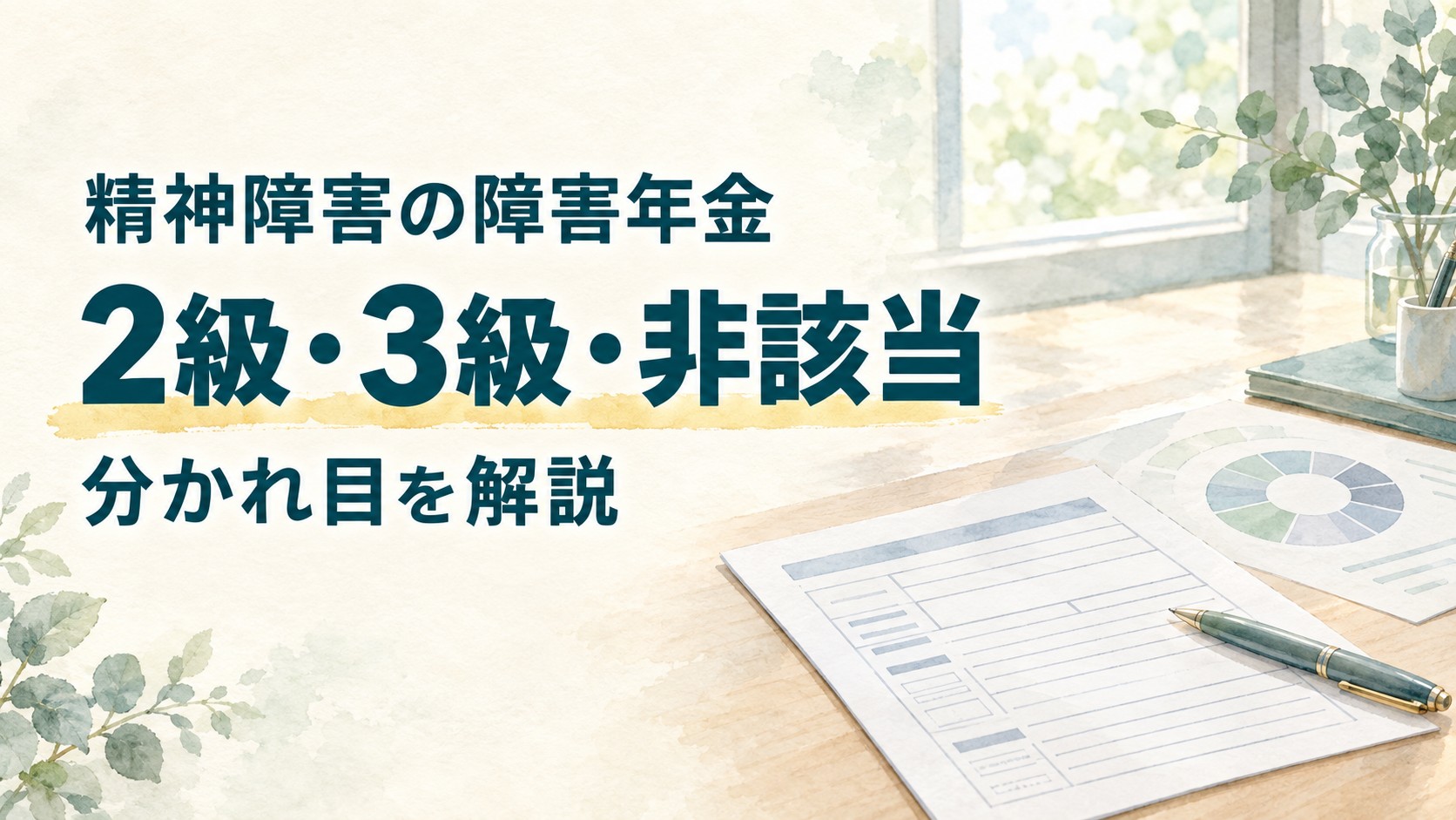 精神障害の障害年金で2級・3級・非該当の分かれ目を解説する水彩画風イラスト