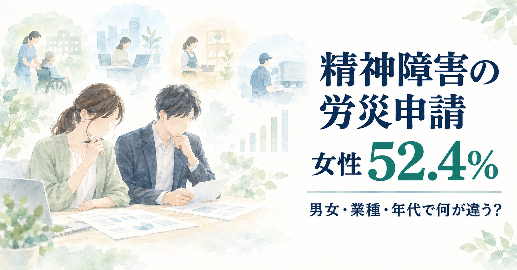 精神障害の労災申請は女性52.4％｜男女・業種・年代の違いを解説するイメージ