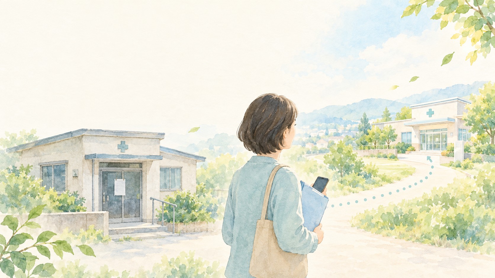 傷病手当金の受給中に通院先が閉院し、新しい病院へ転院する様子を描いた水彩画