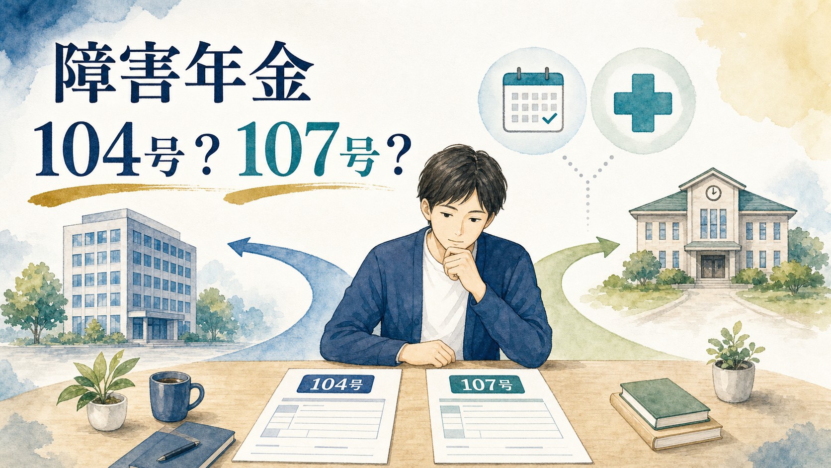 障害年金の年金請求書104号と107号の違いと使い分けを表現した水彩画風イラスト