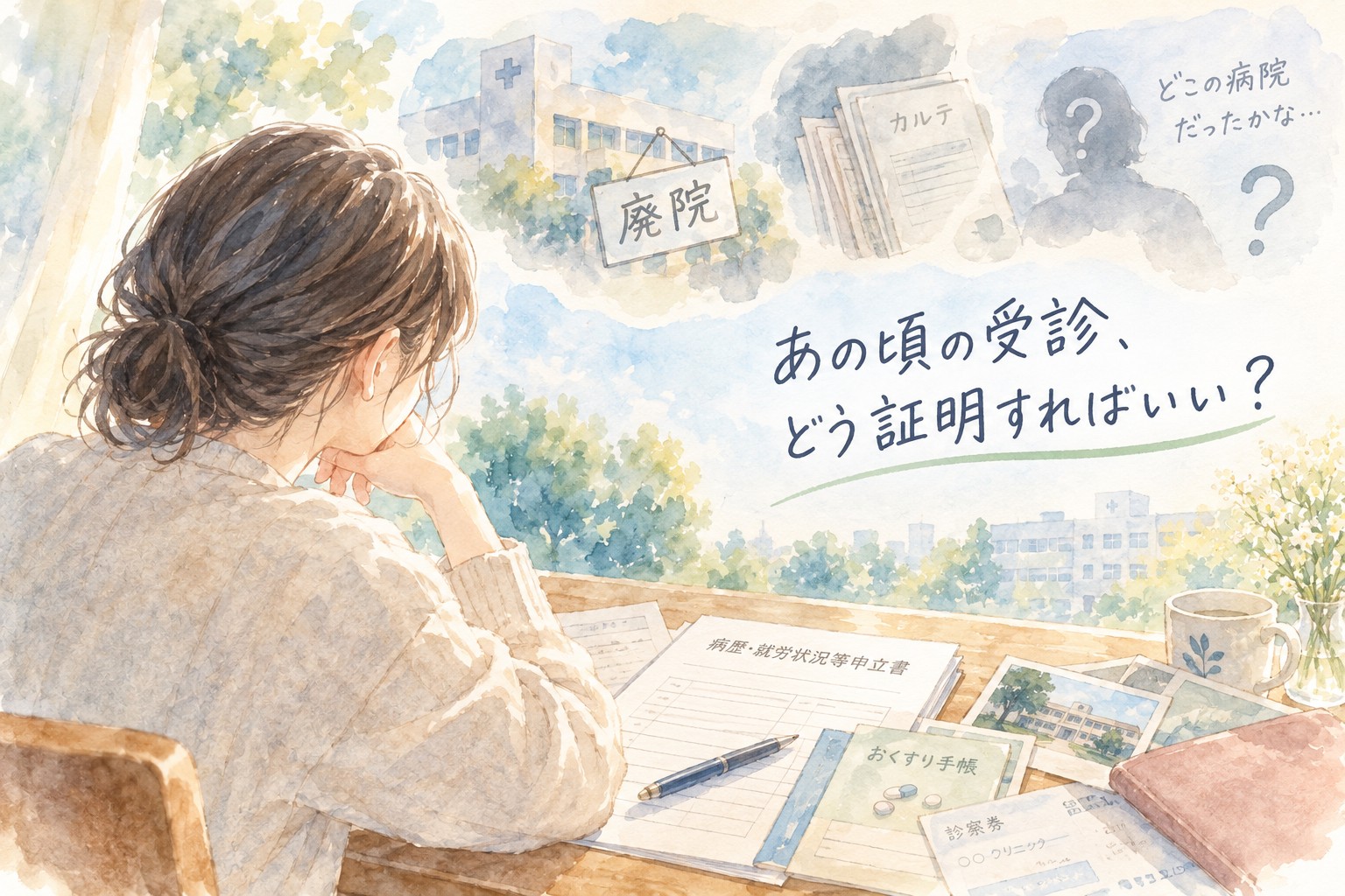 20歳前傷病の障害年金で初診日の証明ができず悩む様子を水彩画風に描いたイラスト