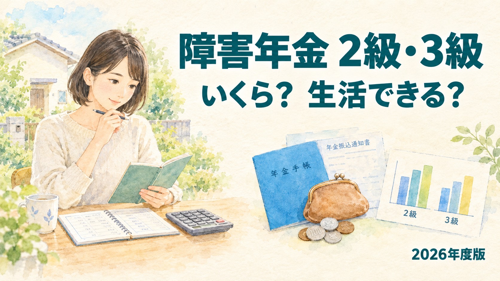 障害年金2級・3級の2026年度の金額と年金だけで生活できるかを解説するイメージ