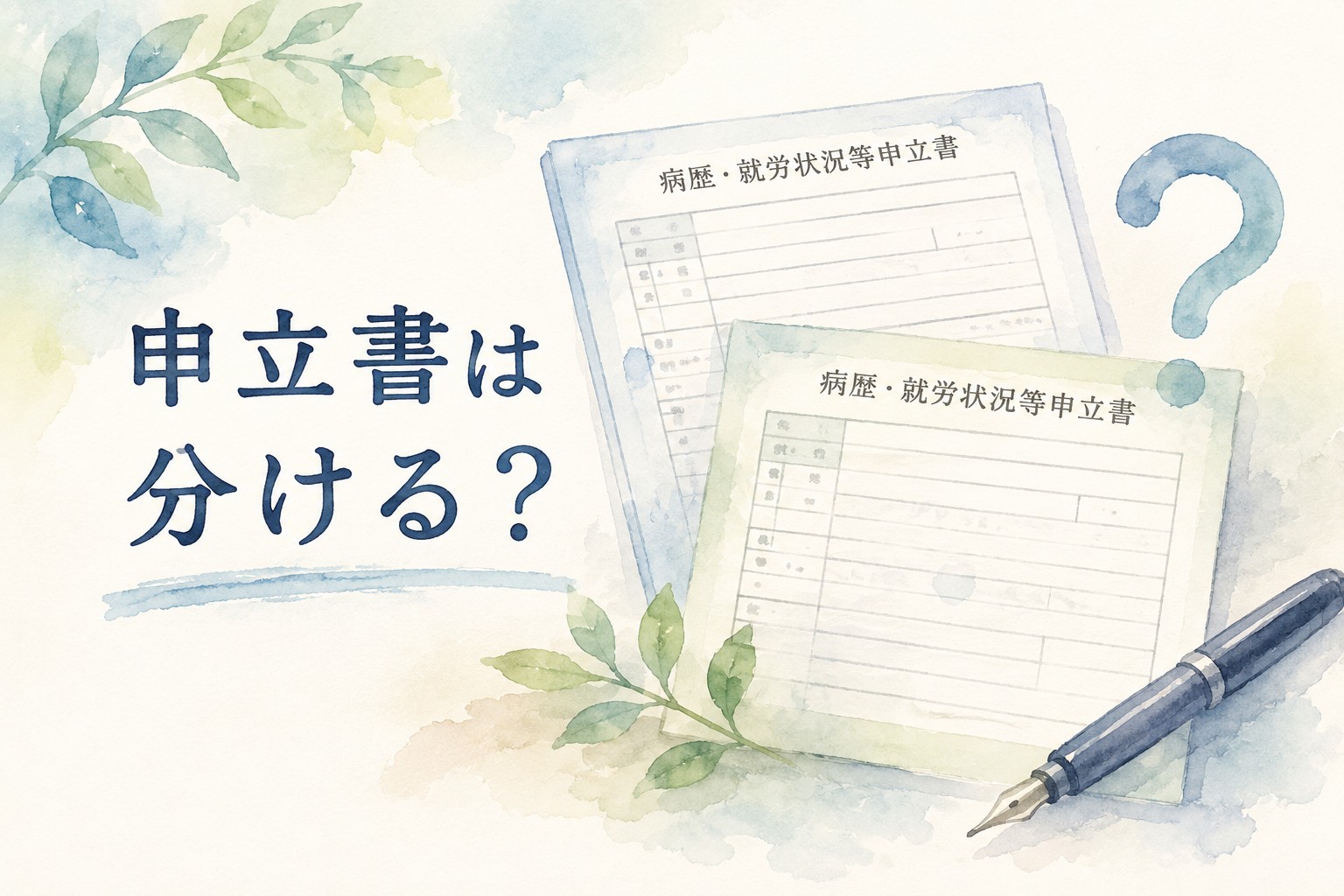 複数の精神疾患がある場合に病歴・就労状況等申立書を分けるかを水彩画風に描いたイラスト