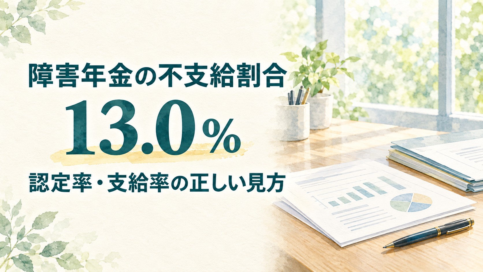 障害年金の不支給割合13.0%と認定率・支給率の正しい見方を示した水彩画風イラスト