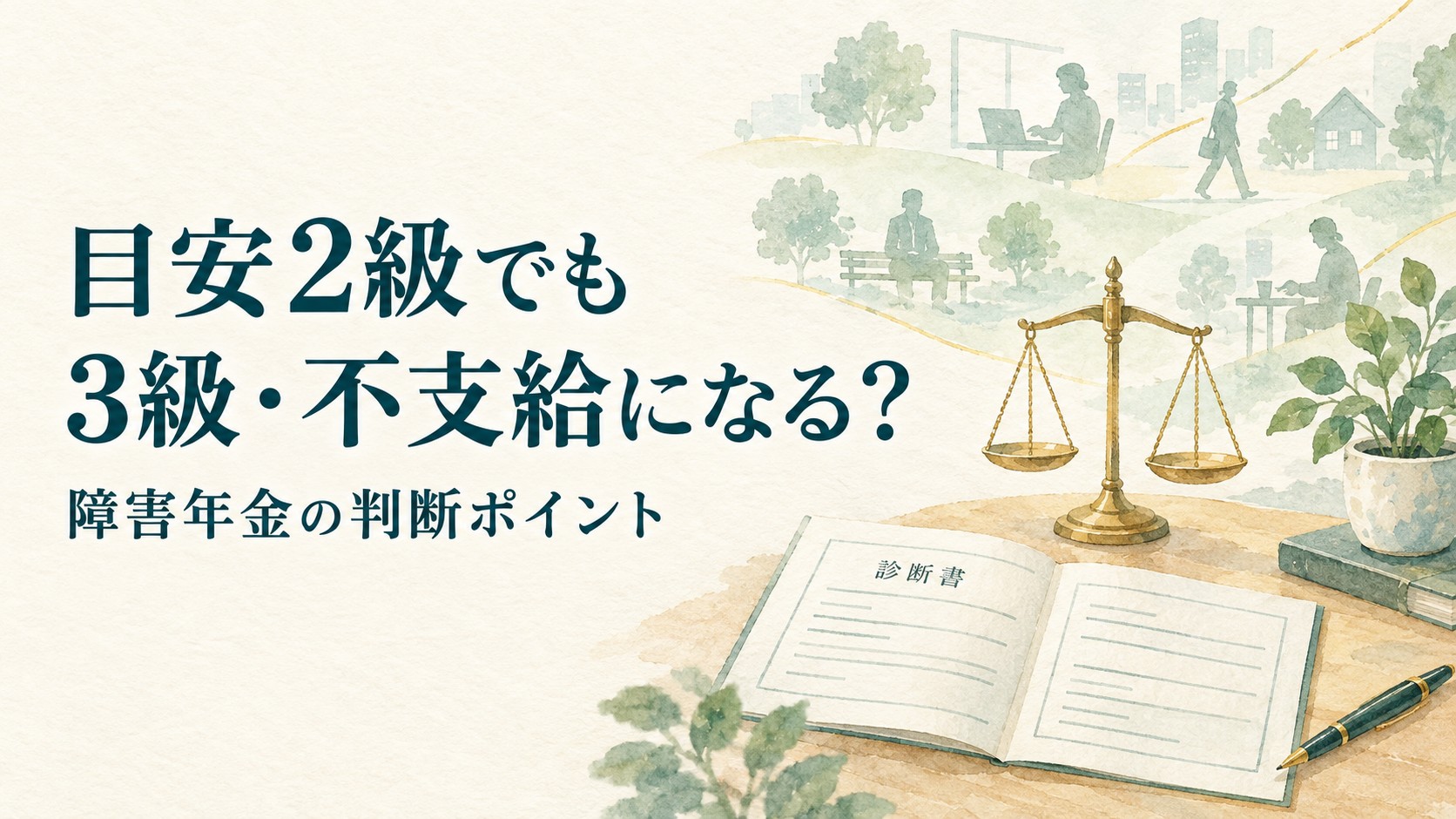 障害年金で目安2級でも3級・不支給となる場合の判断ポイントを表現した水彩画風イラスト