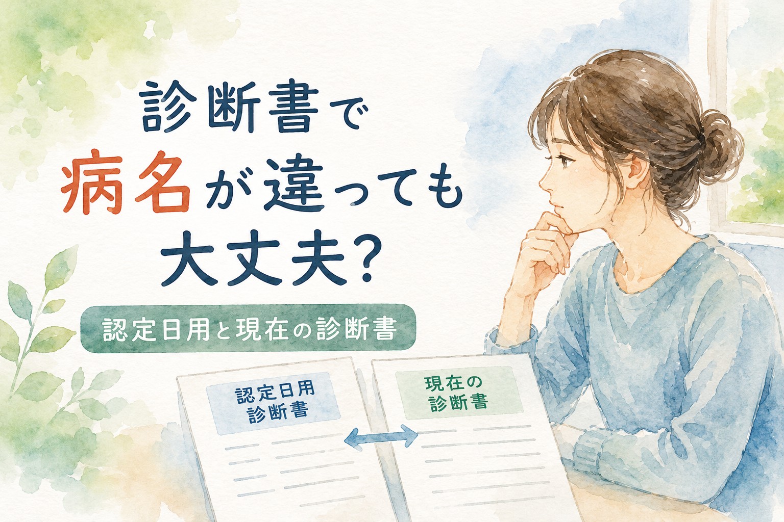 障害認定日用と現在の診断書で病名が違う場合を水彩画風に描いたイラスト