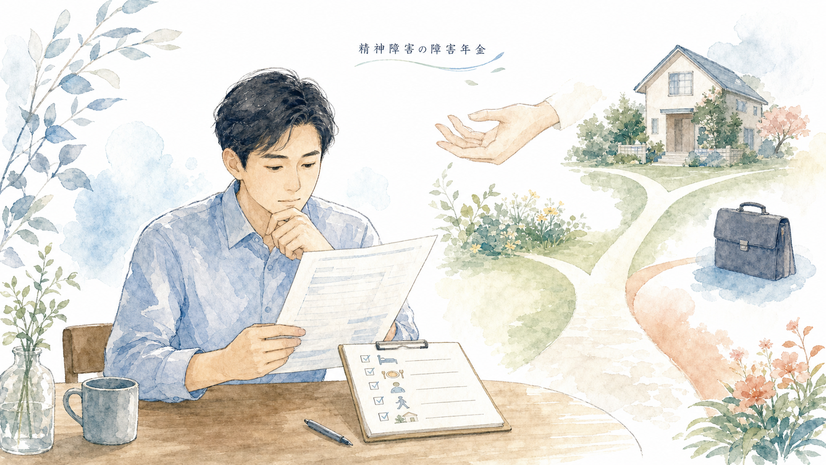 精神障害の障害年金で2級・3級の目安となる日常生活能力や就労状況を表現した水彩画風イラスト