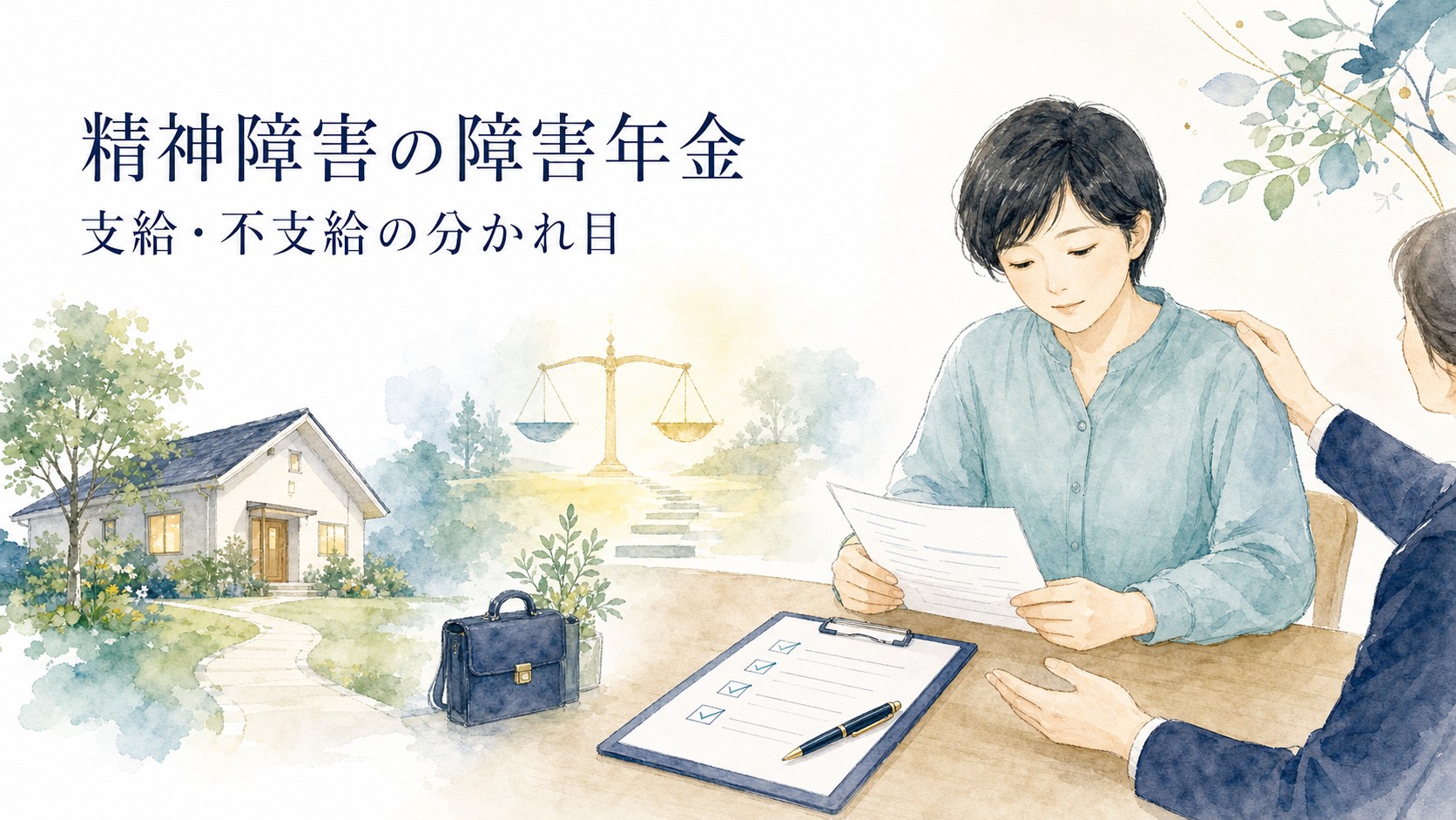 精神障害の障害年金で支給・不支給の分かれ目を考える様子を表現した水彩画風イラスト
