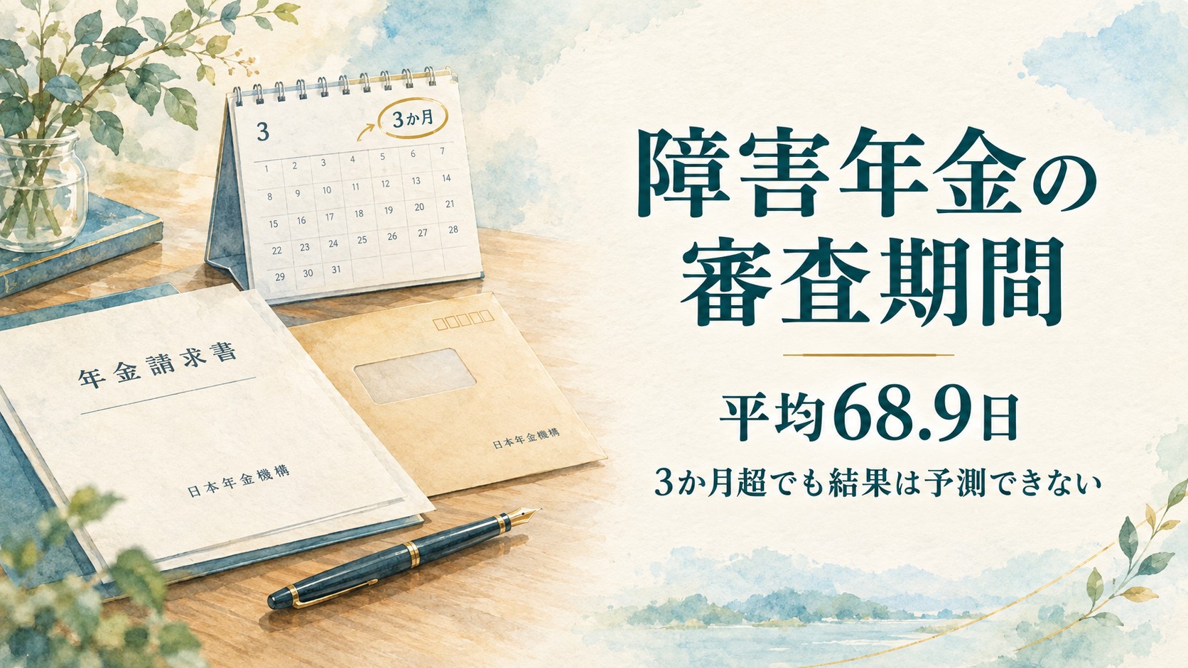 障害年金の審査期間は平均68.9日、3か月を超えても結果は予測できないことを解説するイメージ