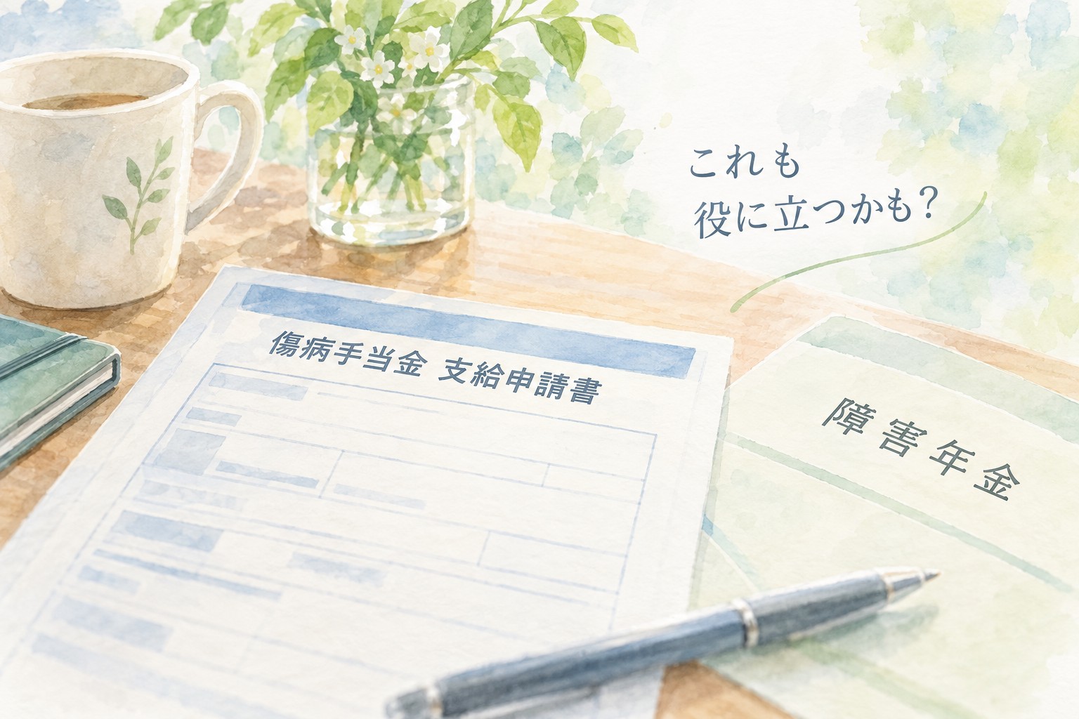 傷病手当金の支給申請書と障害年金の資料を並べ、初診日確認の参考になるかを表現した水彩画風イラスト