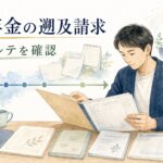 障害年金の遡及請求で昔のカルテや診断書などの資料を確認する様子を表現した水彩画風イラスト