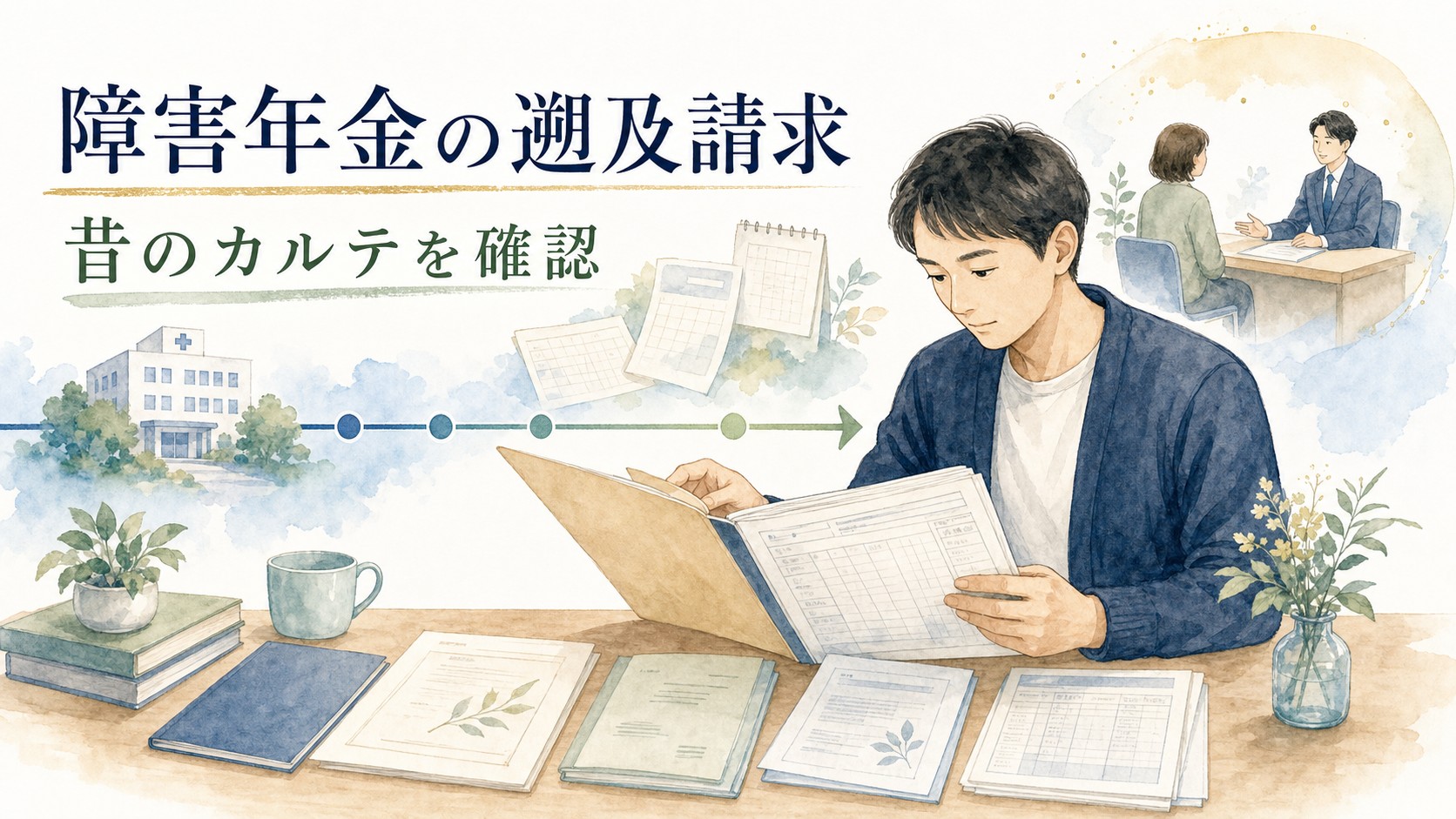障害年金の遡及請求で昔のカルテや診断書などの資料を確認する様子を表現した水彩画風イラスト