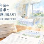 障害年金の遡及請求で入院記録やカルテ、退院時サマリーなどを確認する様子を表現した水彩画風イラスト