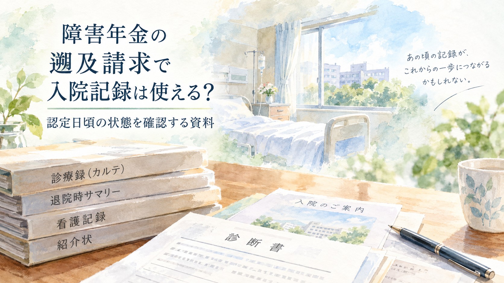 障害年金の遡及請求で入院記録やカルテ、退院時サマリーなどを確認する様子を表現した水彩画風イラスト