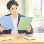 傷病手当金と労災の休業補償に関する二つの書類を確認する男性の水彩イラスト