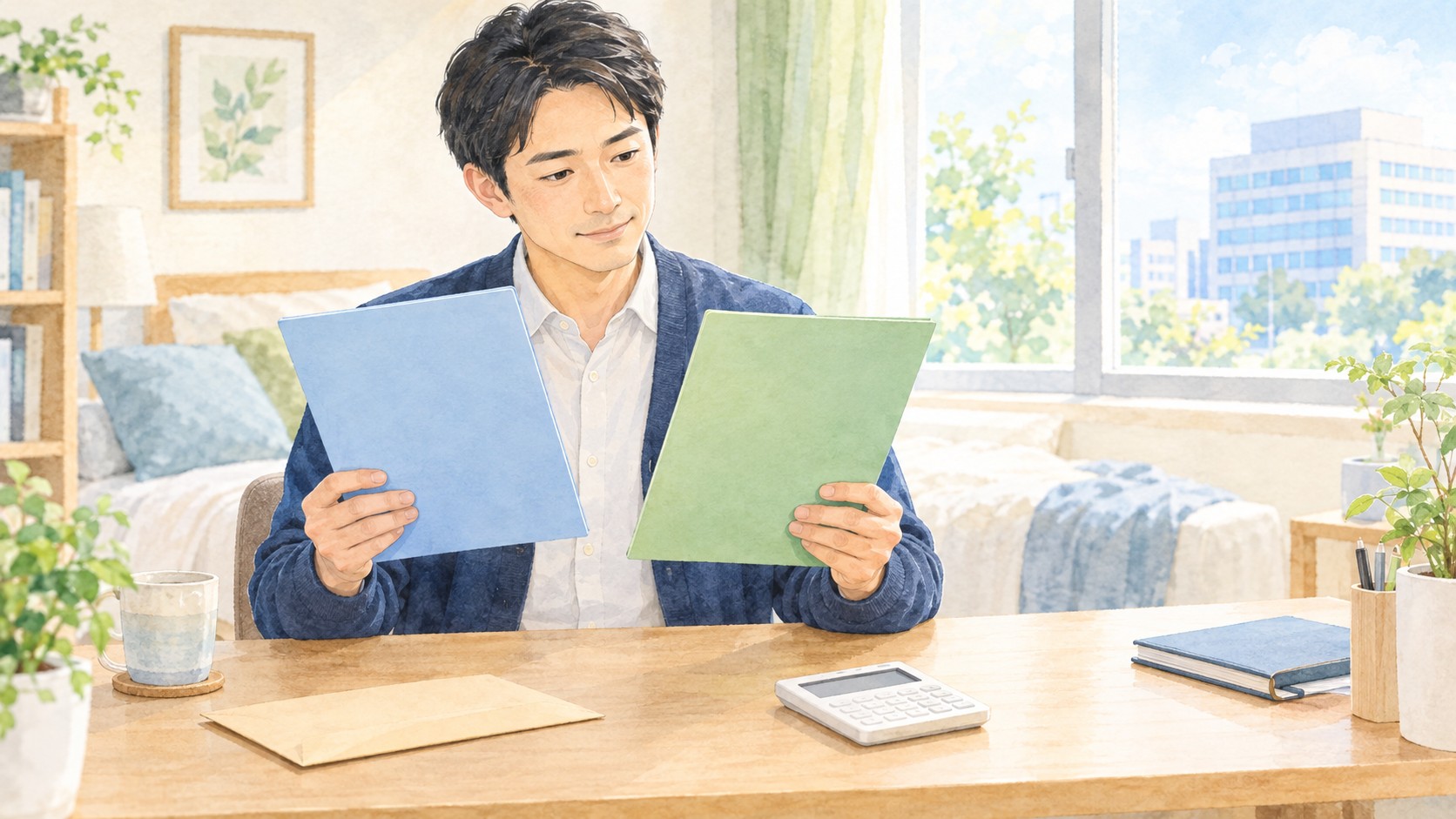 傷病手当金と労災の休業補償に関する二つの書類を確認する男性の水彩イラスト
