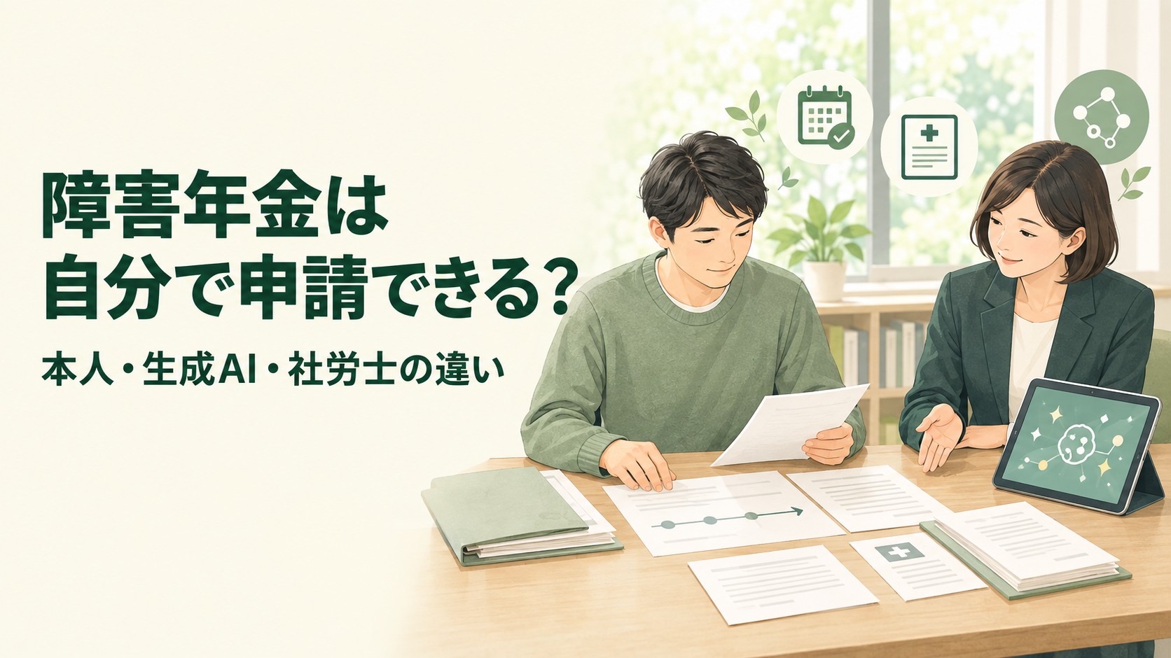障害年金は自分で申請できるのか、本人・生成AI・社労士の違いを解説するイメージ